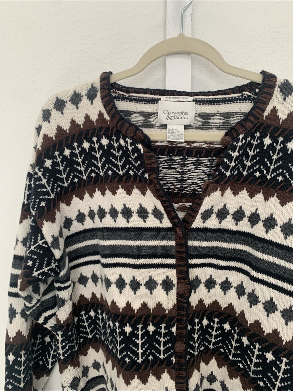 Vintage Christopher & Banks Cream, Brown & Black Patterned Button-Front Cardigan - Picture 3 of 7